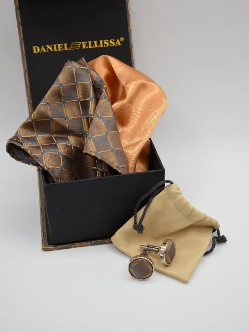 Daniel Ellissa Men's Silk Pocket Square Gift Set Brown Gold Matching Cufflinks